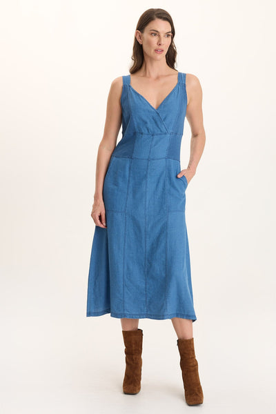 XCVI Lyall Mock-Denim Indigo Twill Midi Tank Dress
