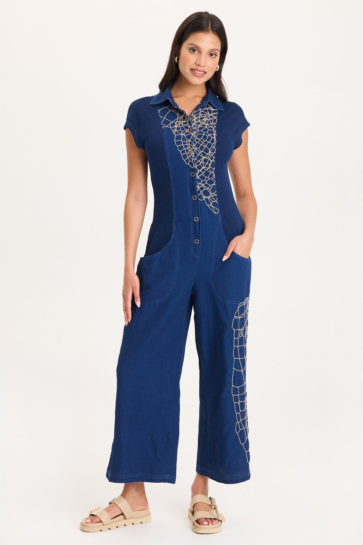 XCVI Gemmell Embroidered Mock-Denim Jumpsuit 