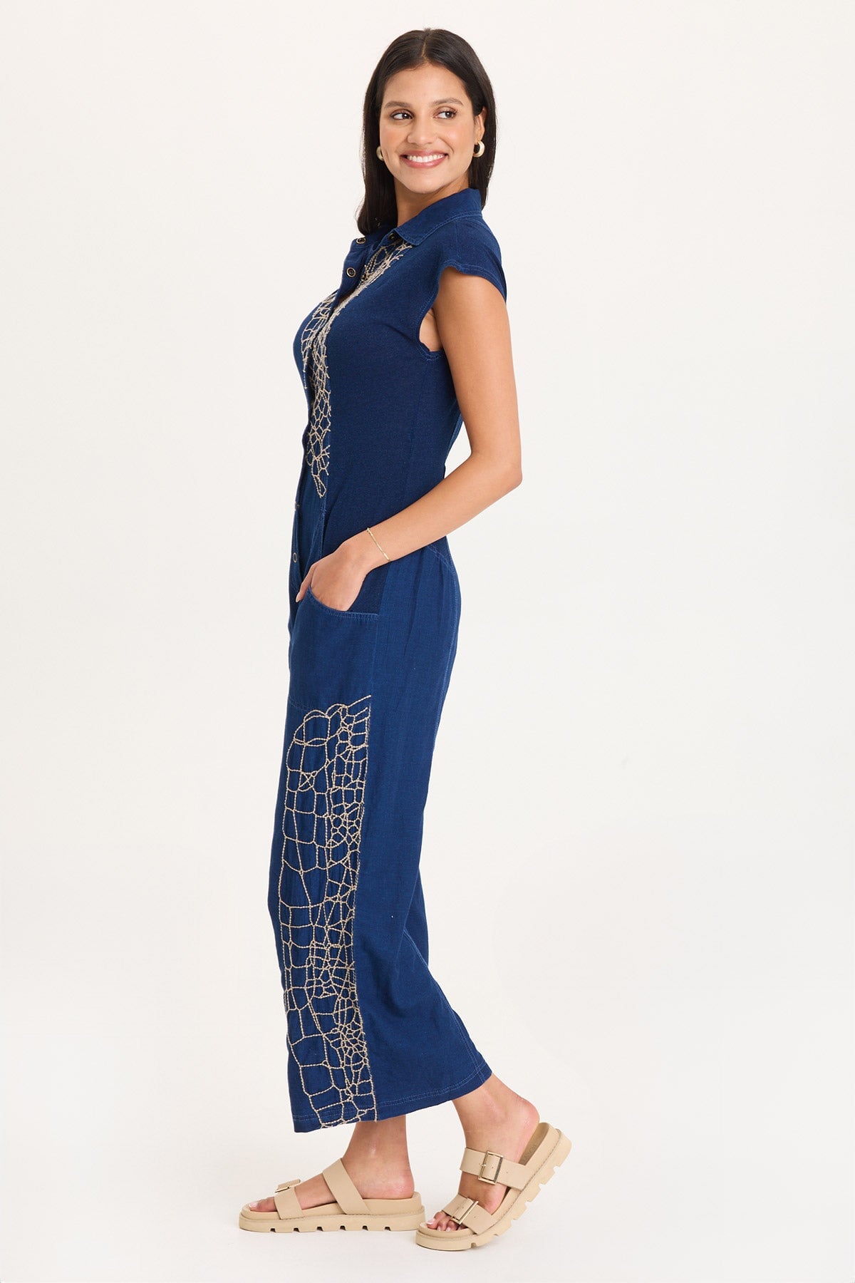 XCVI Gemmell Embroidered Mock-Denim Jumpsuit 