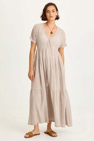 Wearables Ignatz Cotton Gauze Tiered V-Neck Short Sleeve Maxi Dress
