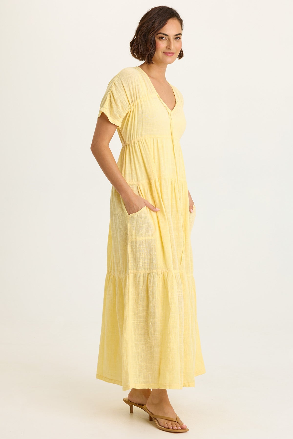 Wearables Ignatz Cotton Gauze Tiered V-Neck Short Sleeve Maxi Dress