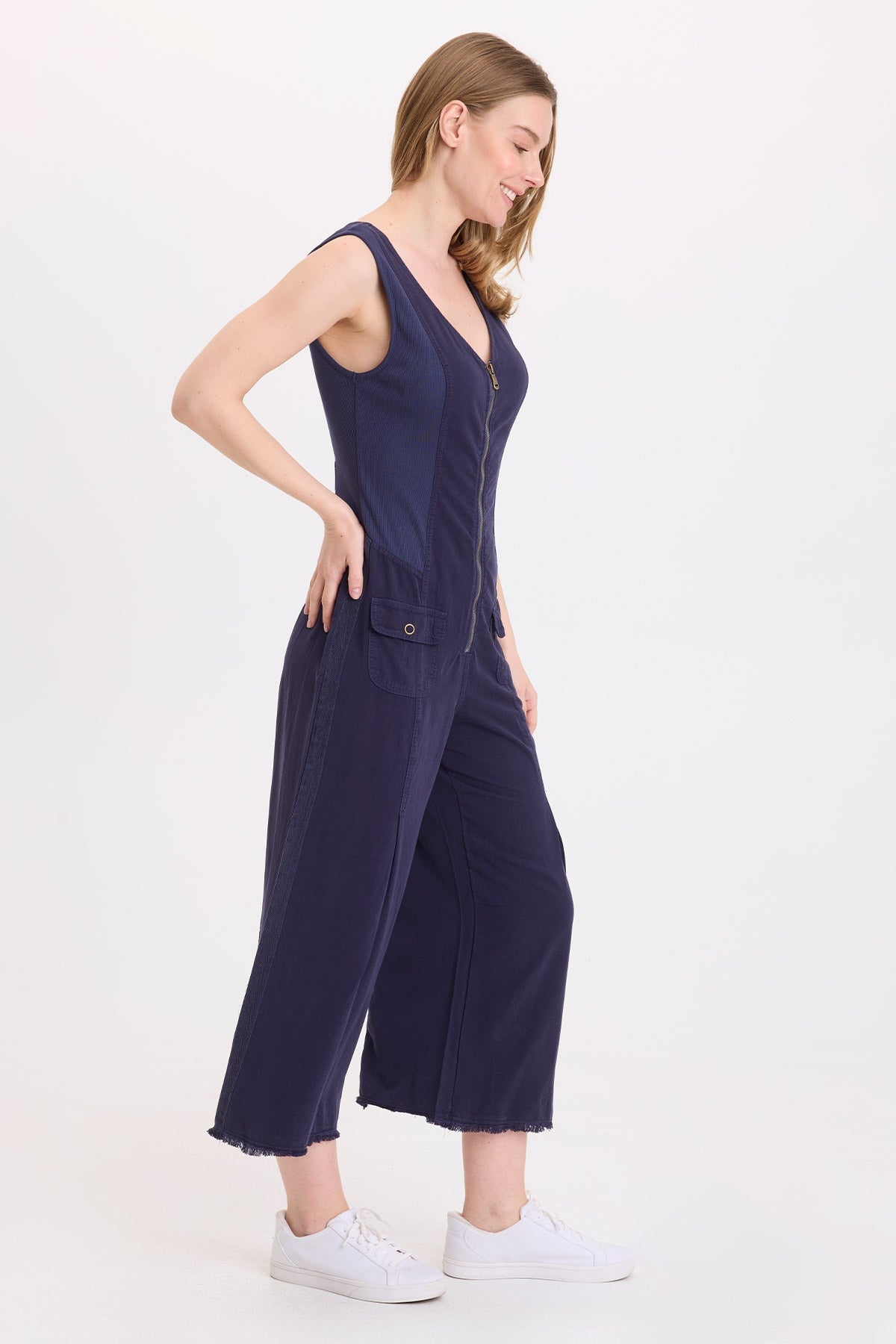 Wearables Linette Twill Zip-Up V-Neck Jumpsuit 