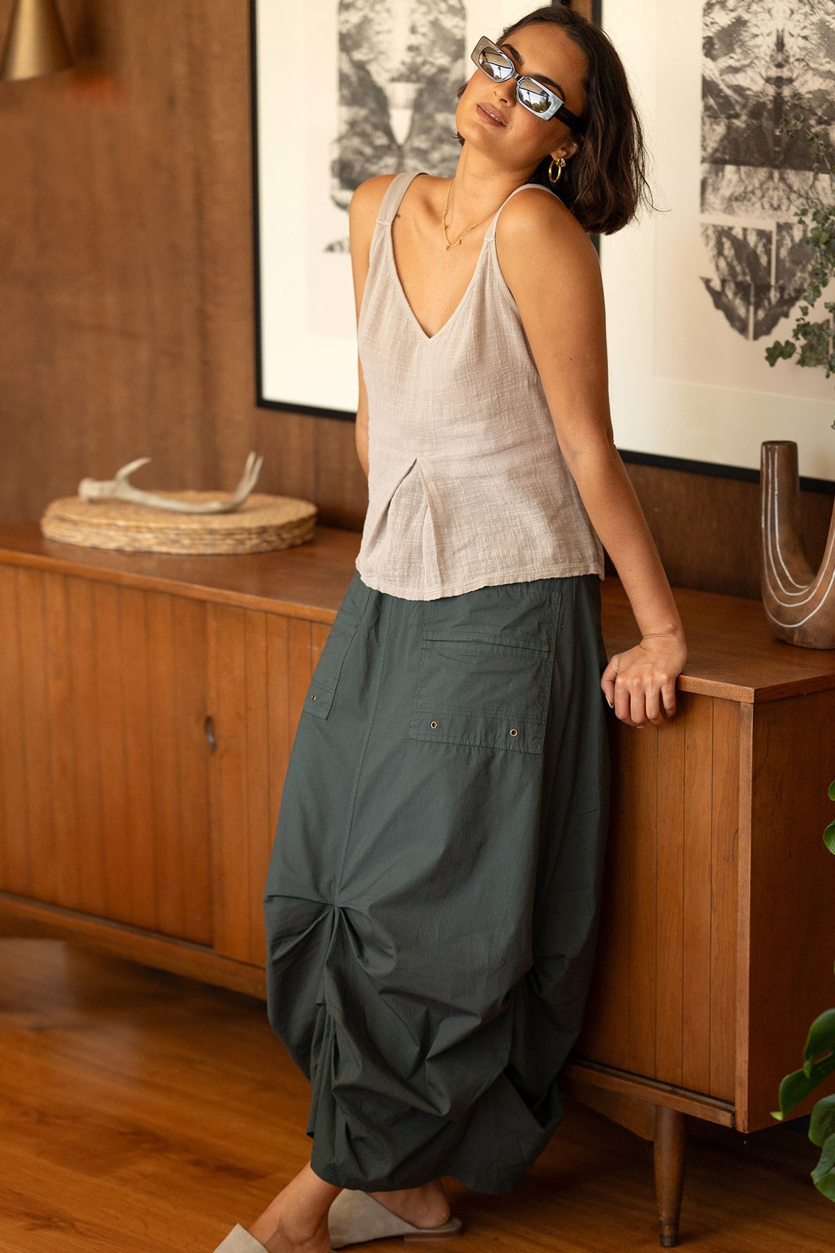 トップス leinwande Recycle Organdy Pleats Top Wearables Cotton Gauze/Jersey Box Pleat Front Strap Tank