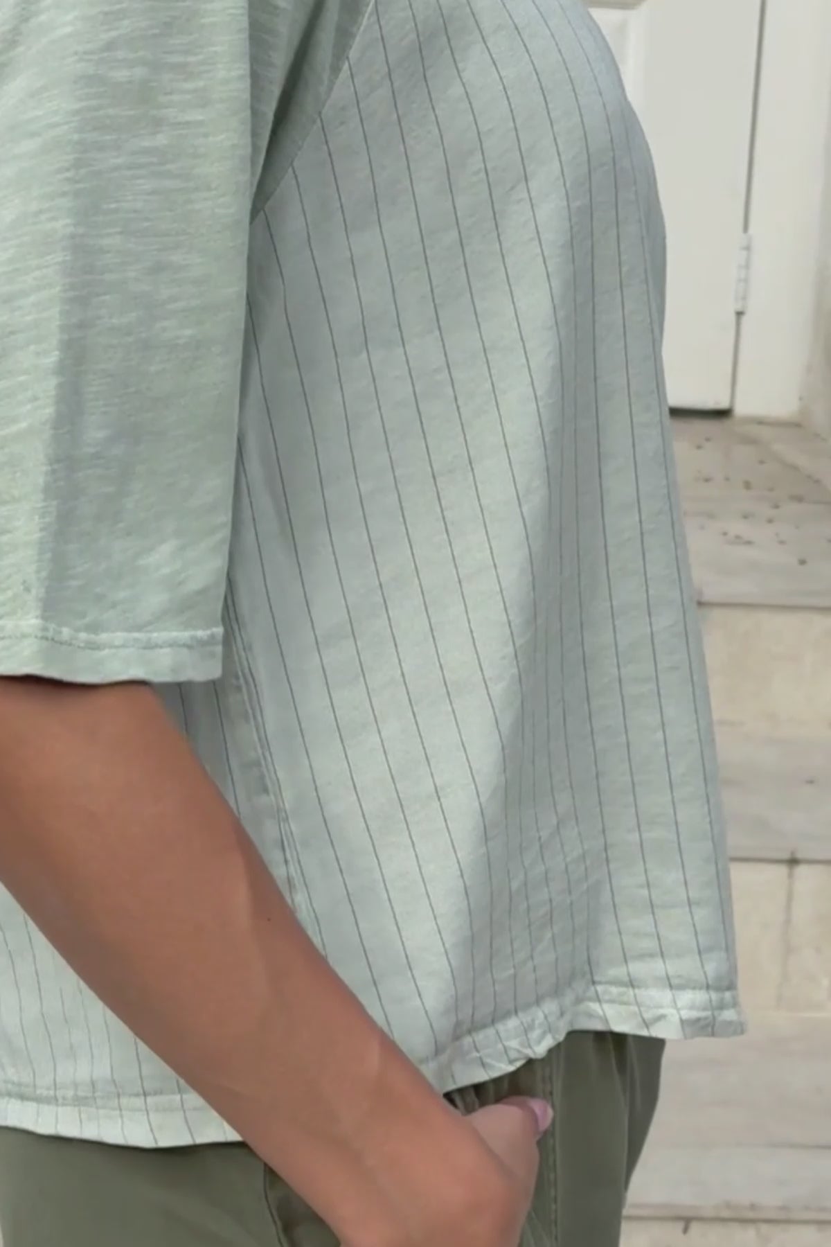 XCVI Jory Pinstripe Twill Raglan Short Sleeve Top