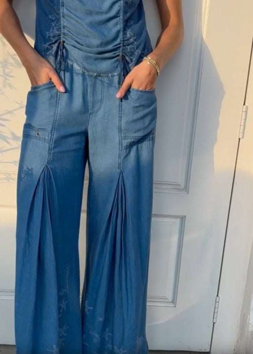 XCVI Jerona Printed Indigo Twill Double Pleated Wide-Leg Pant