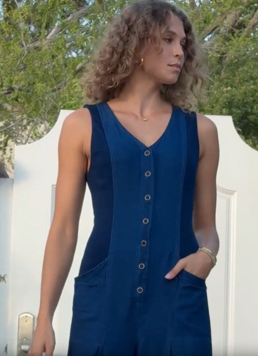 XCVI Aisling Indigo Twill Snap-Up Tabbed Leg Jumpsuit