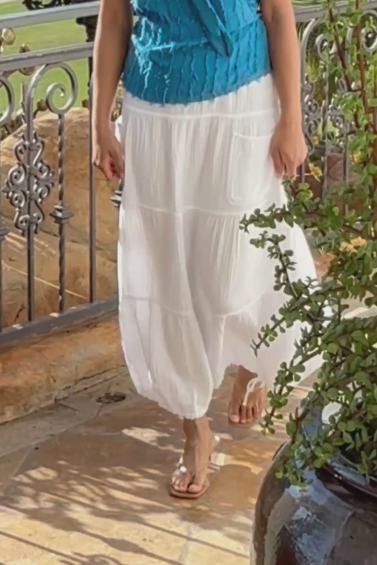 Hewson 100% Cotton Gauze Cinchable Bubble Hem Tiered Pull-On Skirt