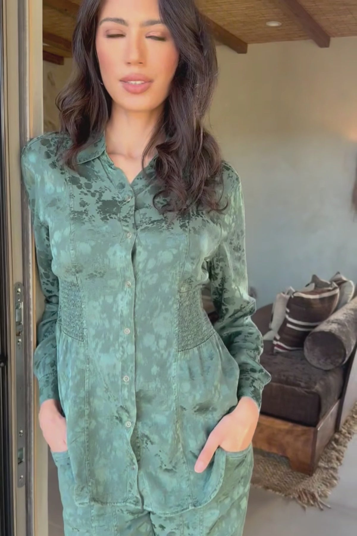 XCVI Senneca Textured Satin Shirred Waist Button-Up Blouse
