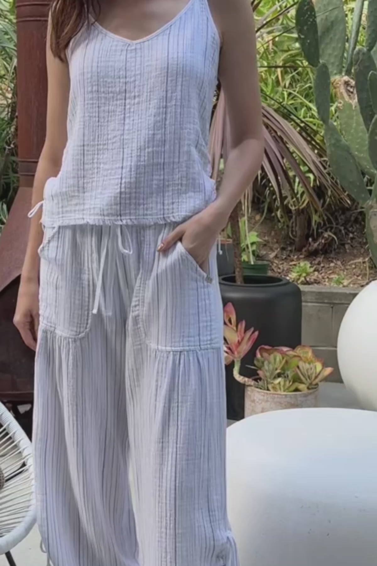 Muriel Indigo Stripe Gauze Cincable Leg Pull-On Waist Wide-Leg Pant