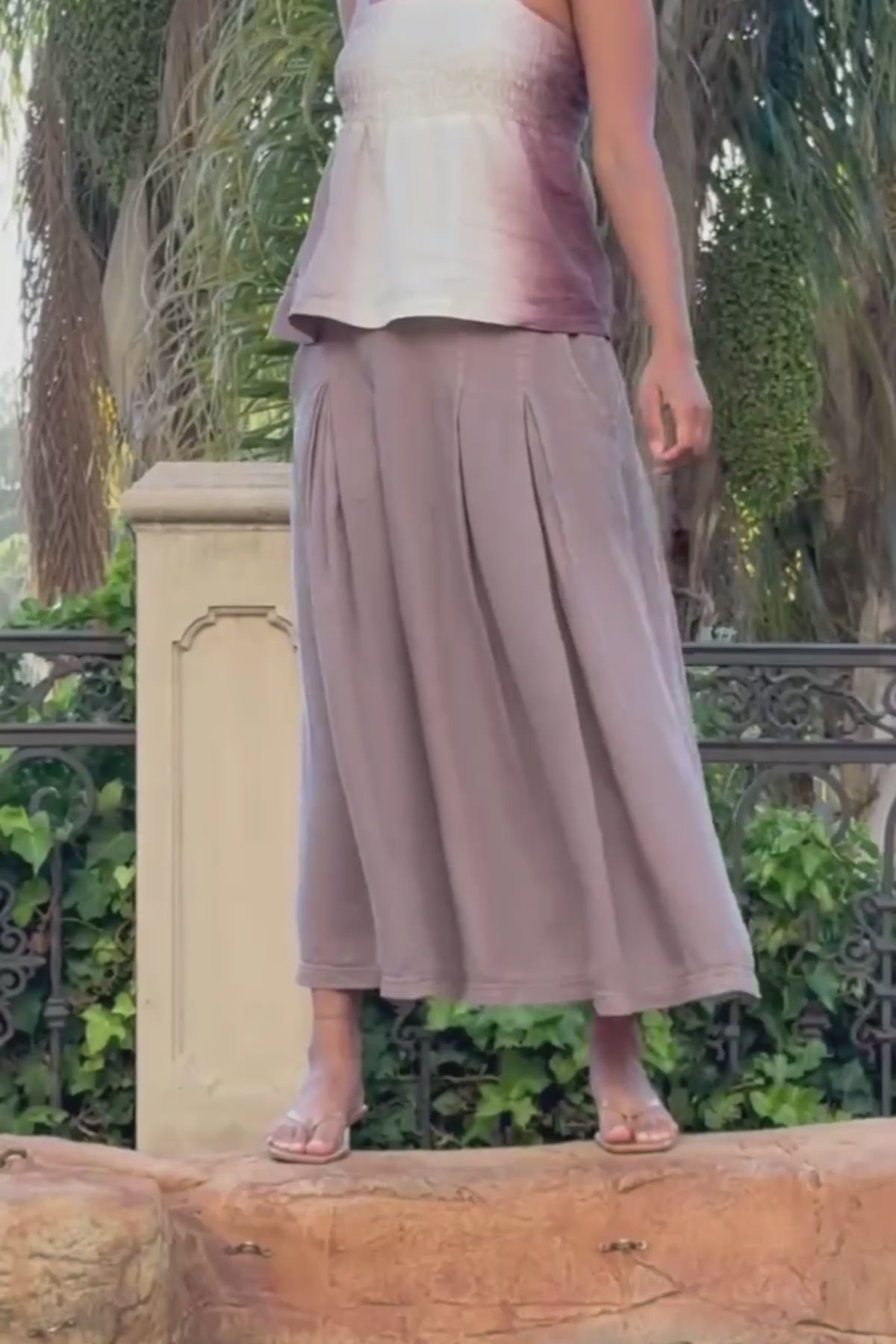 Aderyn 100% Linen Double Pleated Pull-On Waist Long Skirt