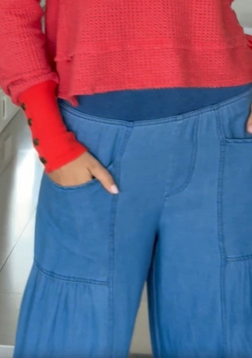 XCVI Mock-Denim Side Tiered Pull-On Waist Wide Leg Dugan Pant