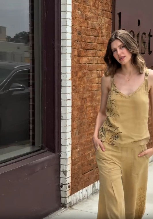 Embroidered Faizon Tencel Twill Adjustable Buckle Straps Tank