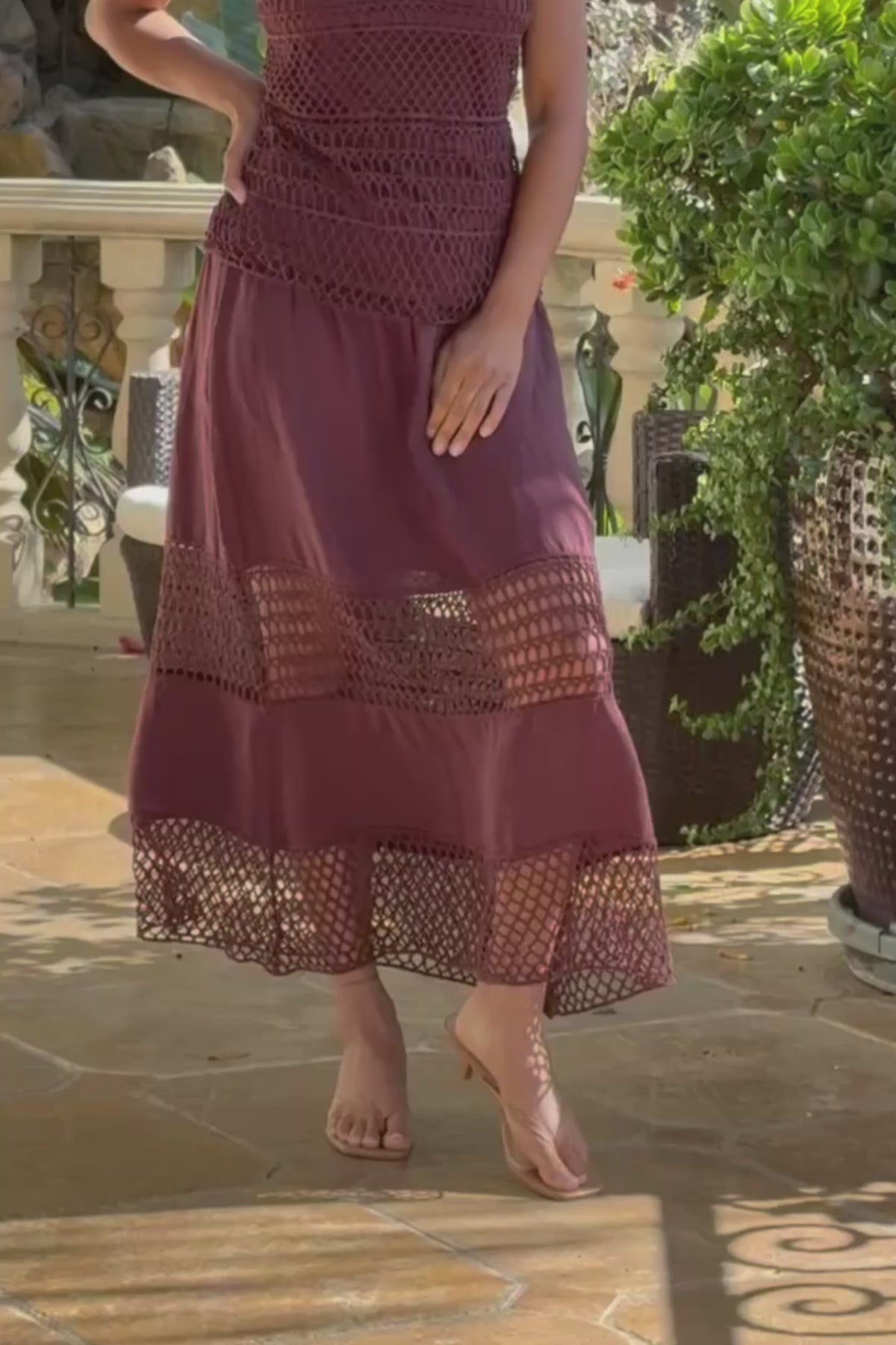 Fola 100% Linen Crochet Tiered Smocked Pull-On Waist Long Skirt