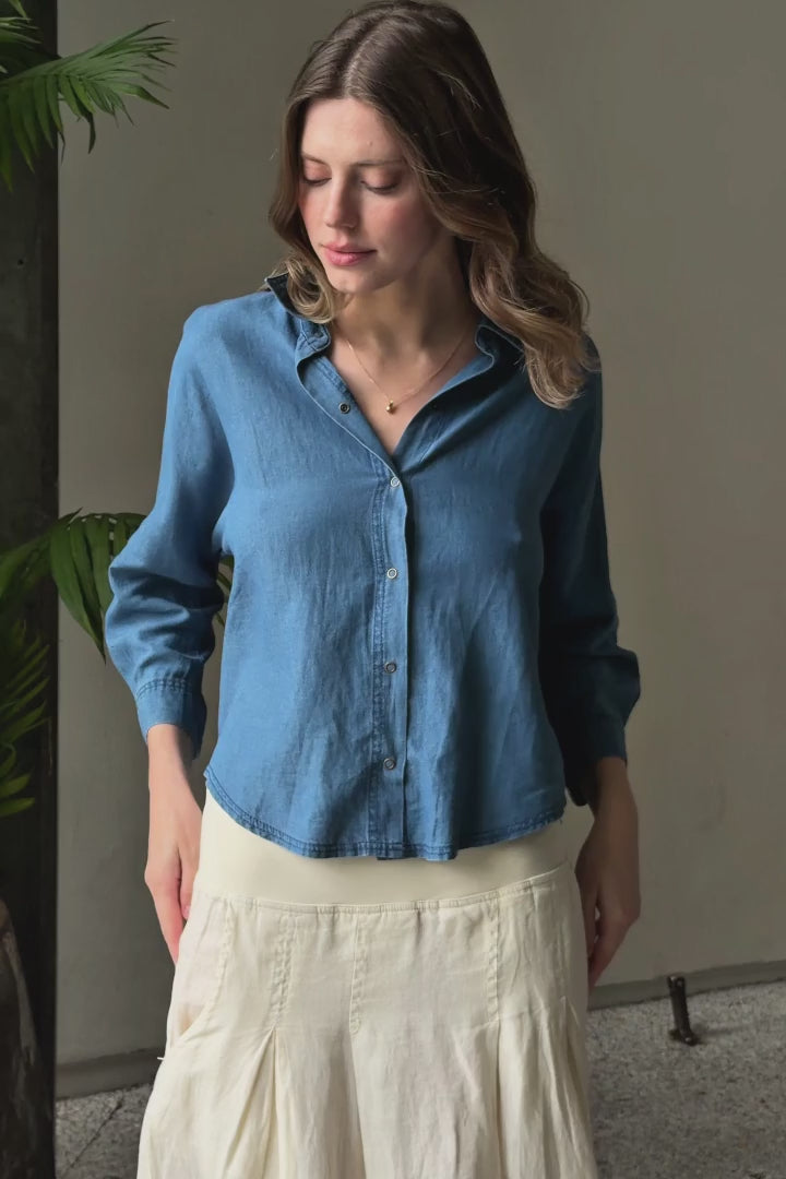 Aderyn 100% Linen Double Pleated Pull-On Waist Long Skirt