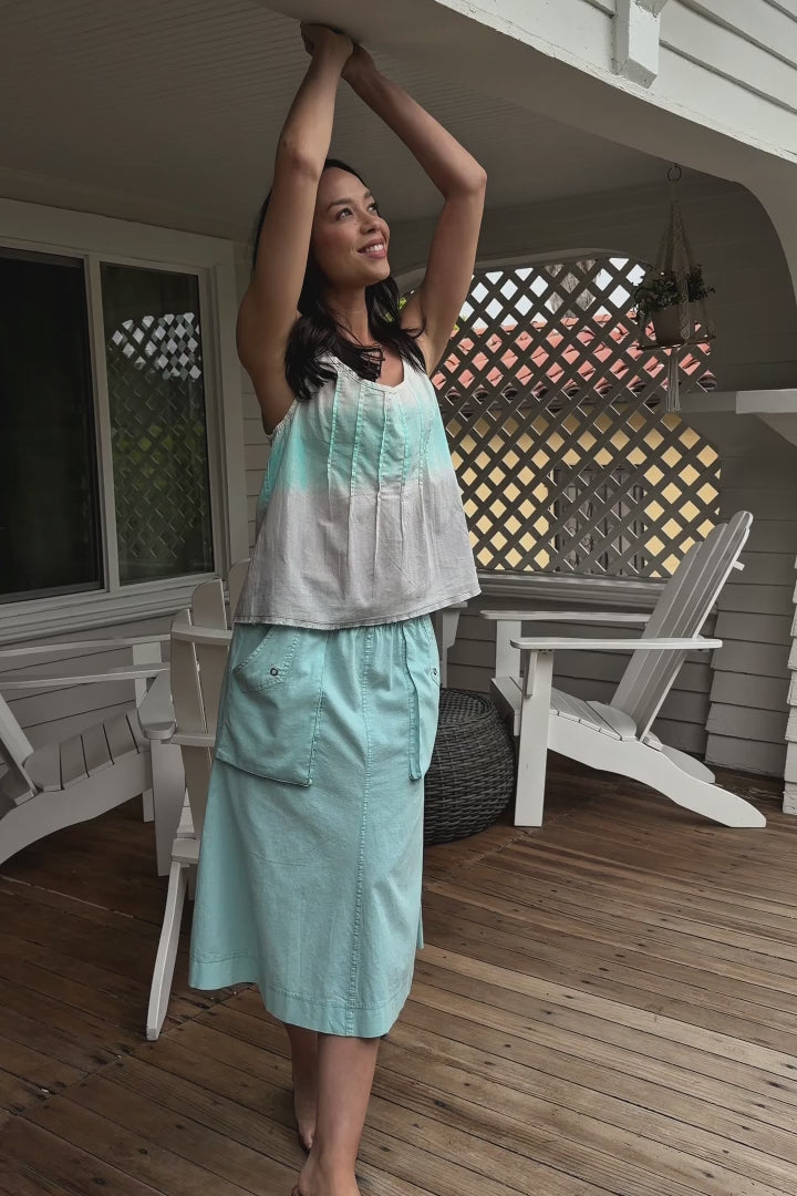フミカウチダ　RAFFIA WAIST PAD MIDDLE SKIRT Parvati Cotton Linen Mermaid Flare Midi Skirt